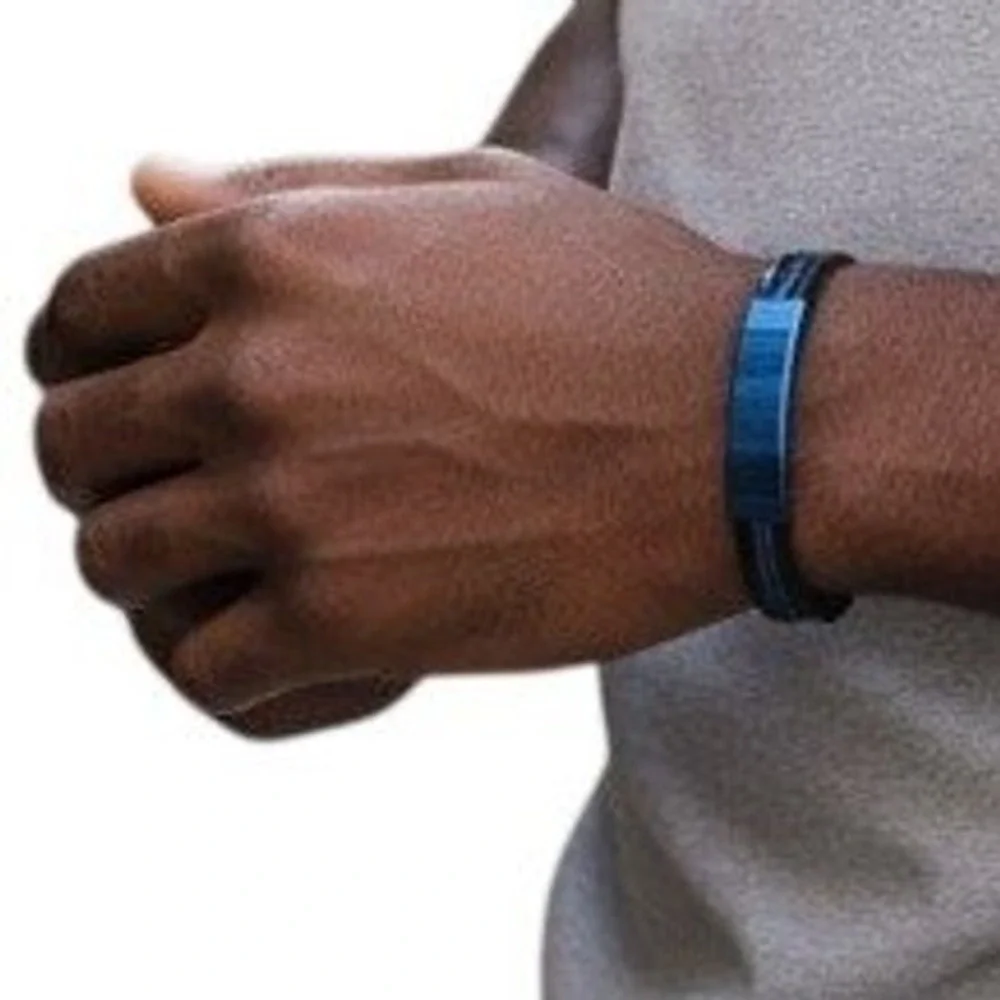 Men NWT Blackjack Black Rubber Blue Ion-Plated Stainless Steel Cable ID Bracelet